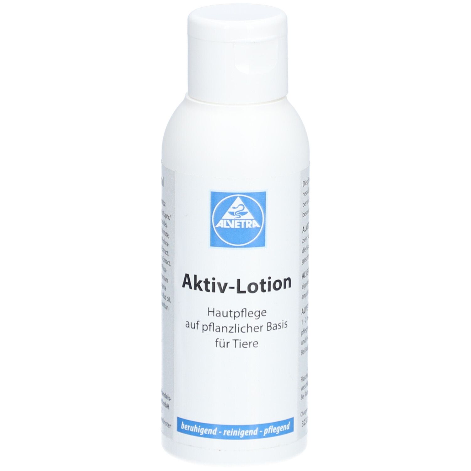 Weiße Flasche mit blauem Logo und Text. "Aktiv-Lotion" und "Hautpflege für Tiere" sind sichtbar.