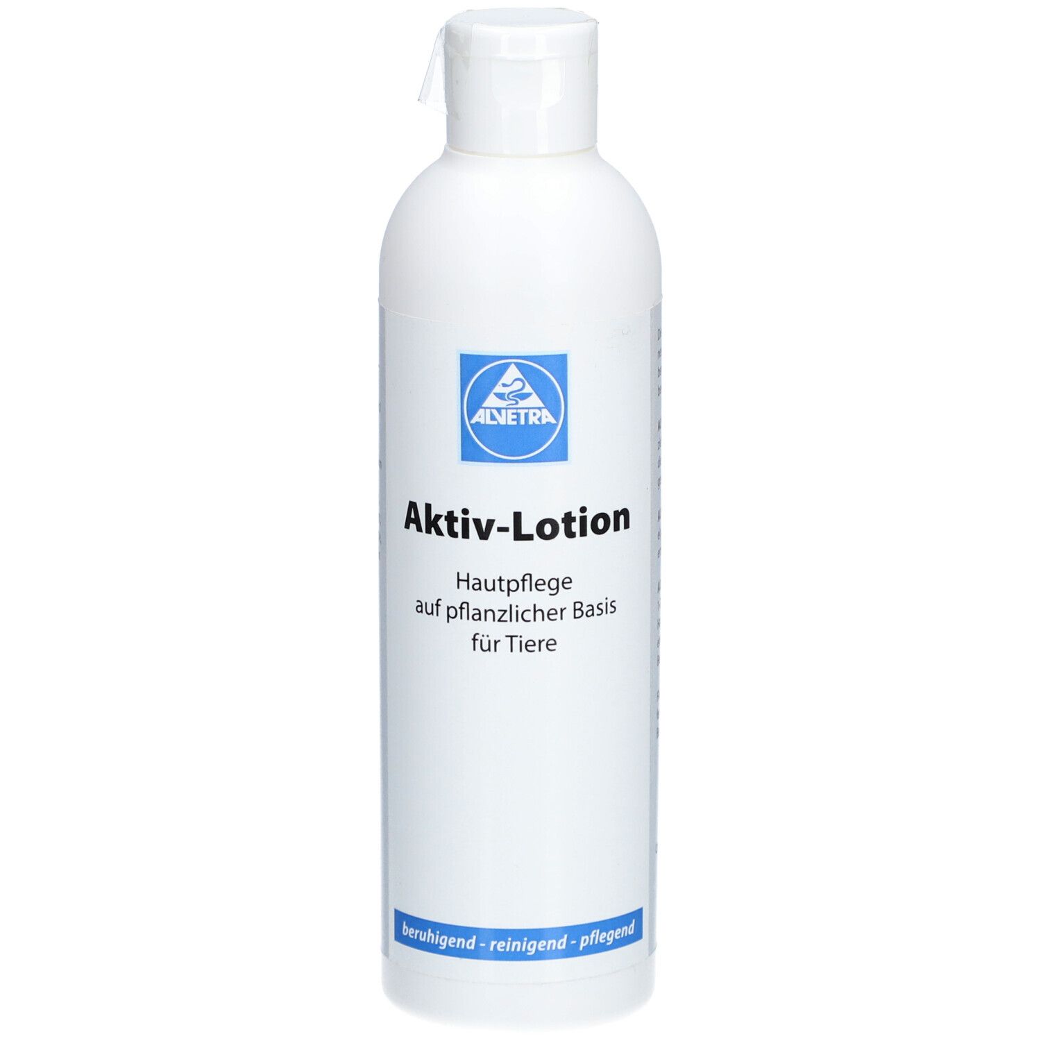 Weiße Flasche mit blauem Logo und Text. Beschriftung: Aktiv-Lotion, Hautpflege auf pflanzlicher Basis für Tiere.