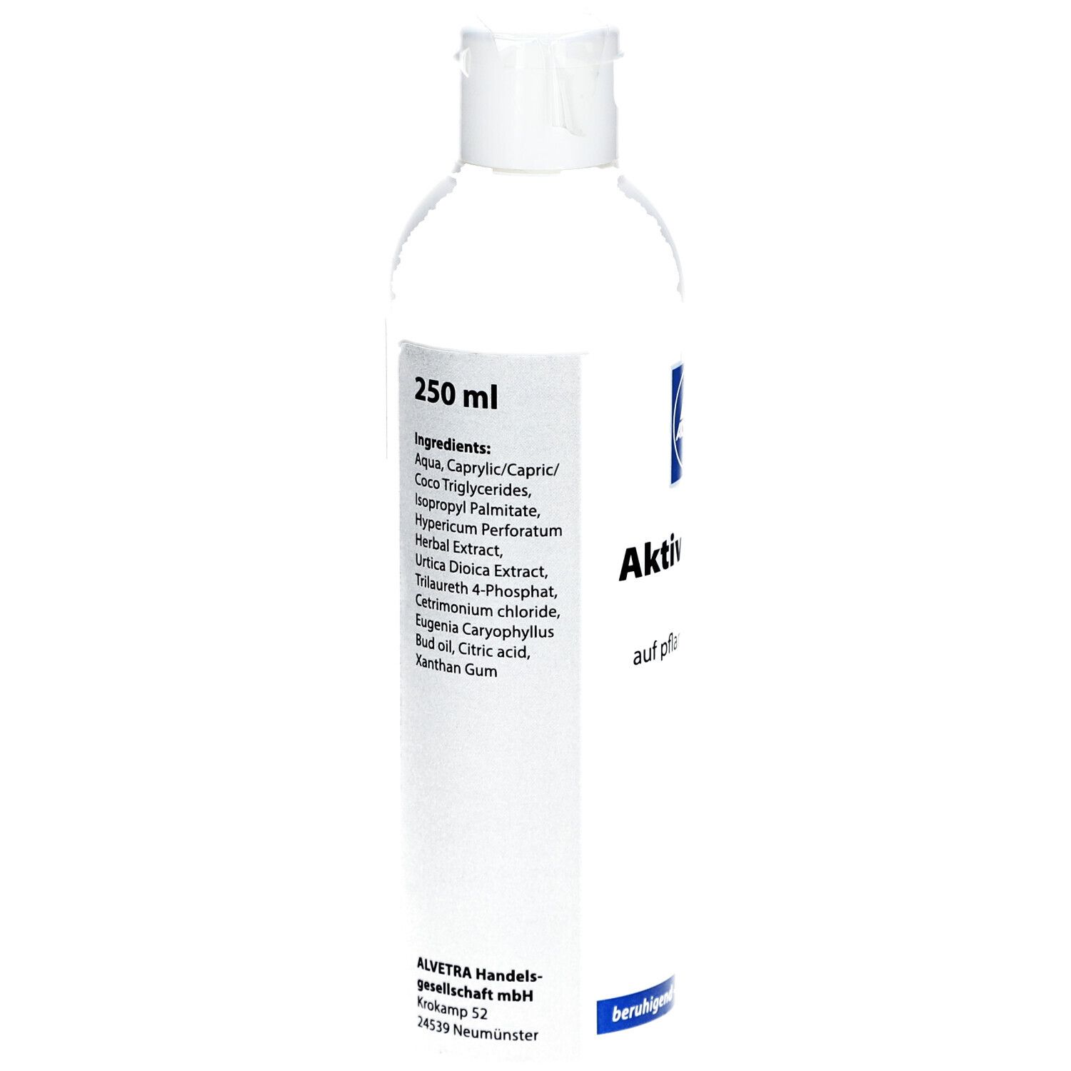Weiße Flasche mit Text und Inhaltsstoffen. Volumen: 250 ml. Inhaltsstoffe aufgelistet. Herstelleradresse unten.