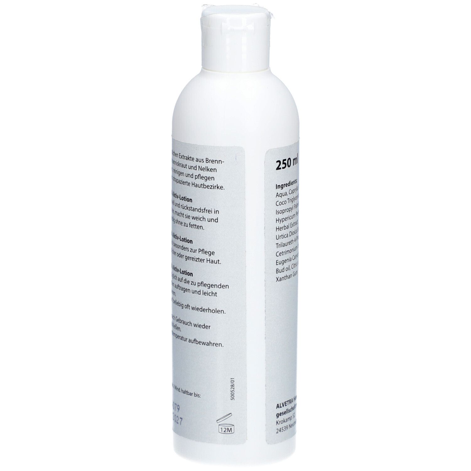Weiße Flasche mit Text. Beschriftung: Extrakte aus Brennnessel und Johanniskraut. Gebrauchsanweisung und Hinweise.