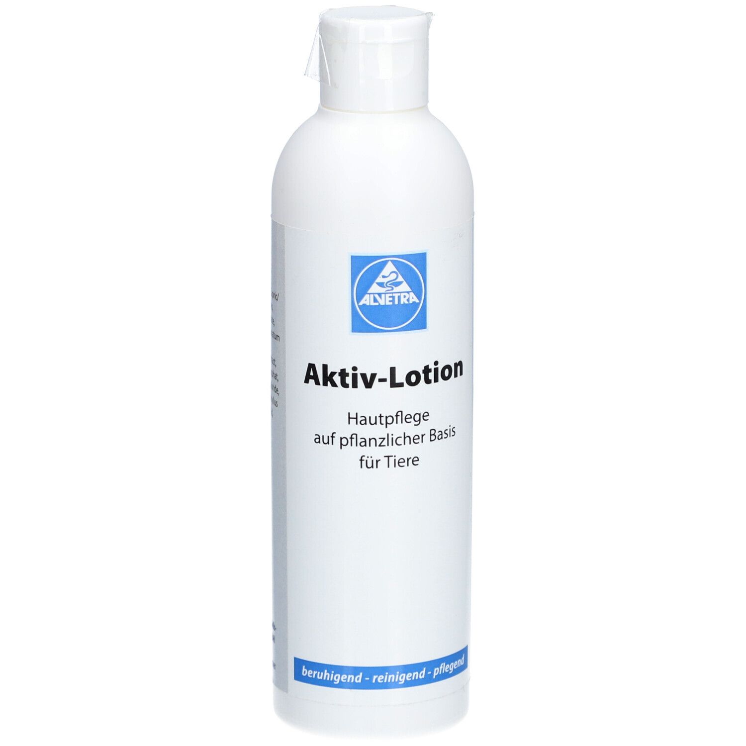Weiße Flasche mit blauem Logo und Text. Beschriftung: Aktiv-Lotion, Hautpflege auf pflanzlicher Basis für Tiere.