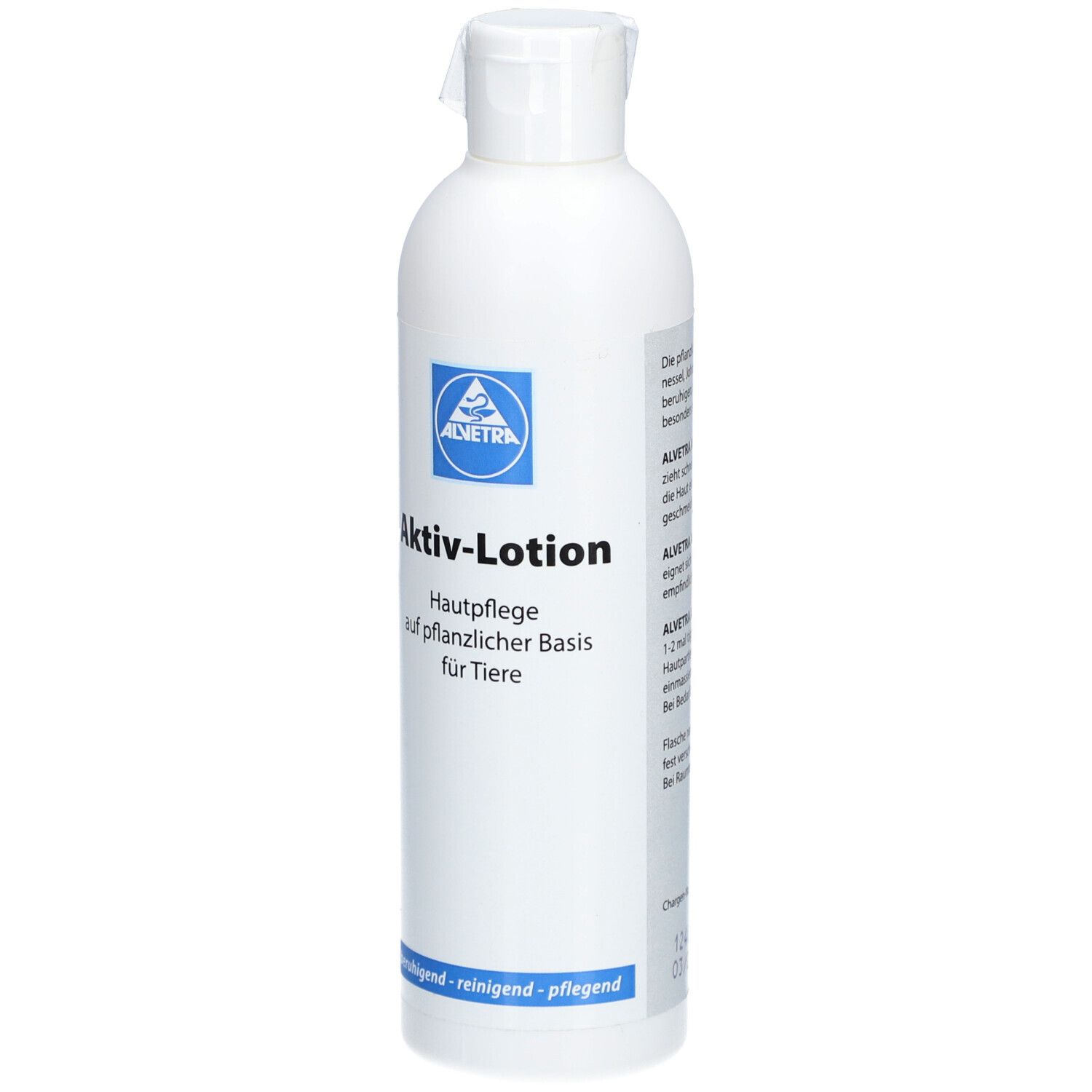 Weiße Flasche mit blauem Logo und Text. Beschriftung: Aktiv-Lotion, Hautpflege auf pflanzlicher Basis für Tiere. Text daneben.