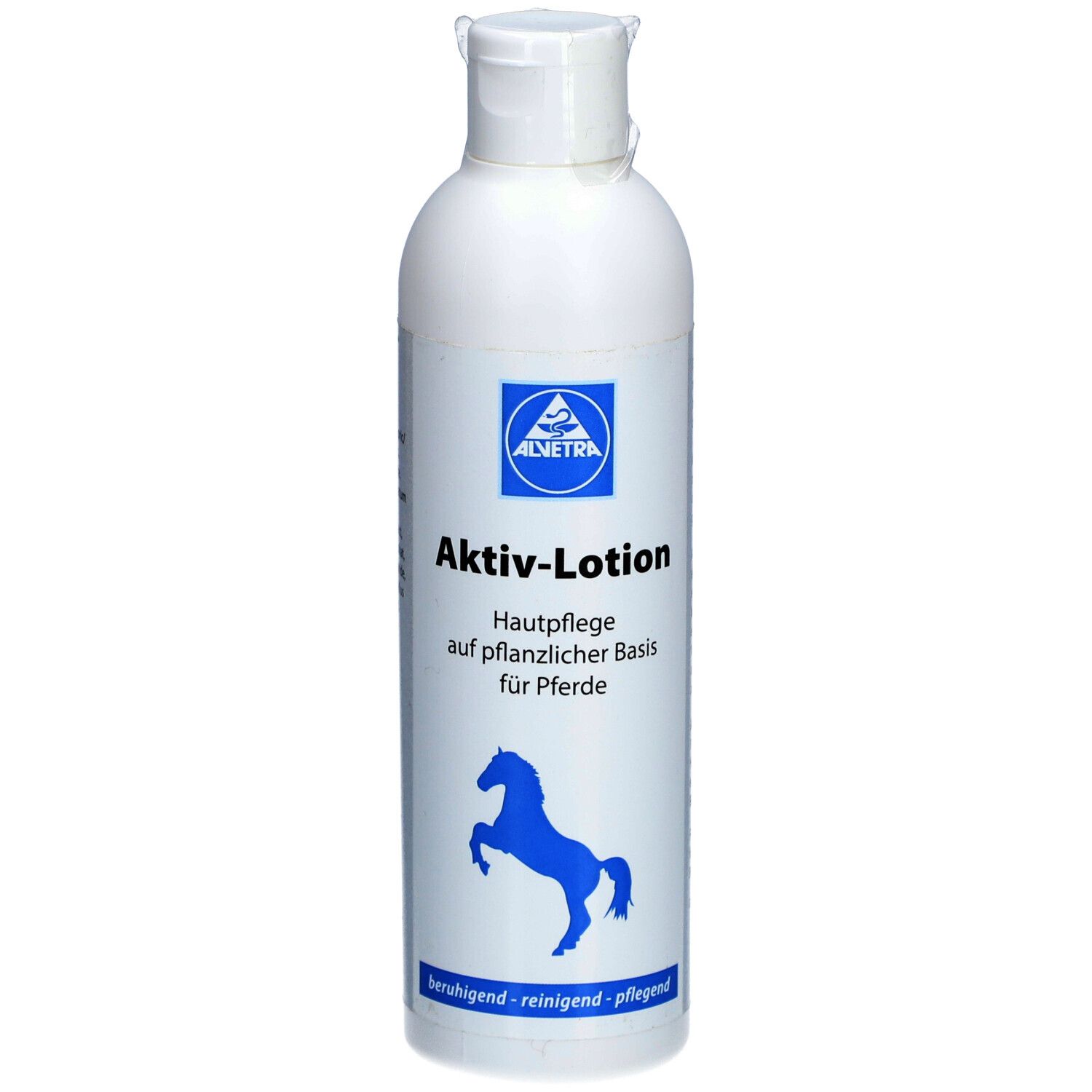 Weiße Flasche mit blauem Etikett. Aufschrift: Aktiv-Lotion, Logo, Pferde-Silhouette. Text: Hautpflege auf pflanzlicher Basis für Pferde.