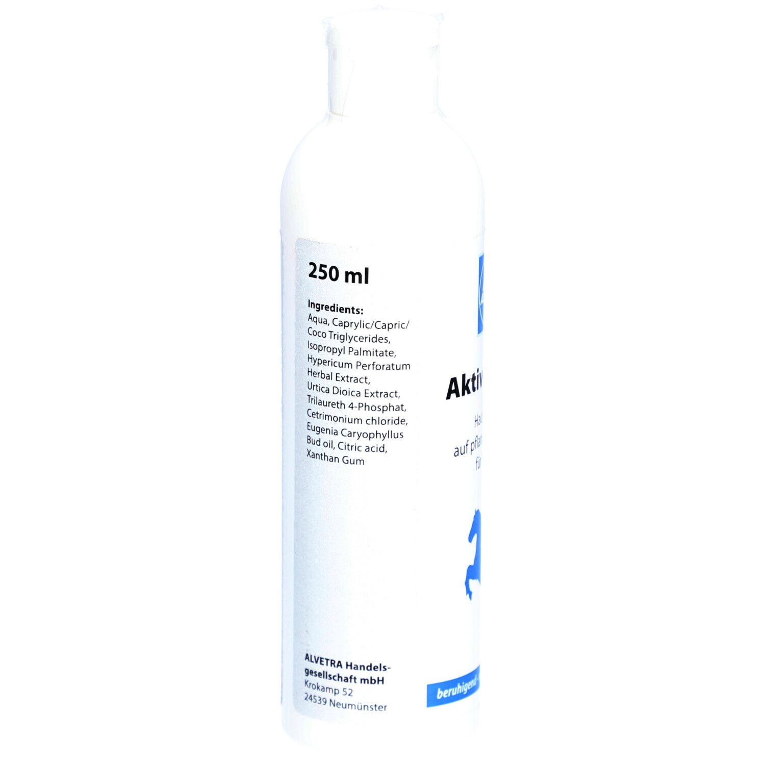Weiße Flasche mit Inhaltsstoffliste und Volumenangabe 250 ml. Text: Ingredients, Aqua, Caprylic/Capric Triglycerides, etc. Herstelleradresse.