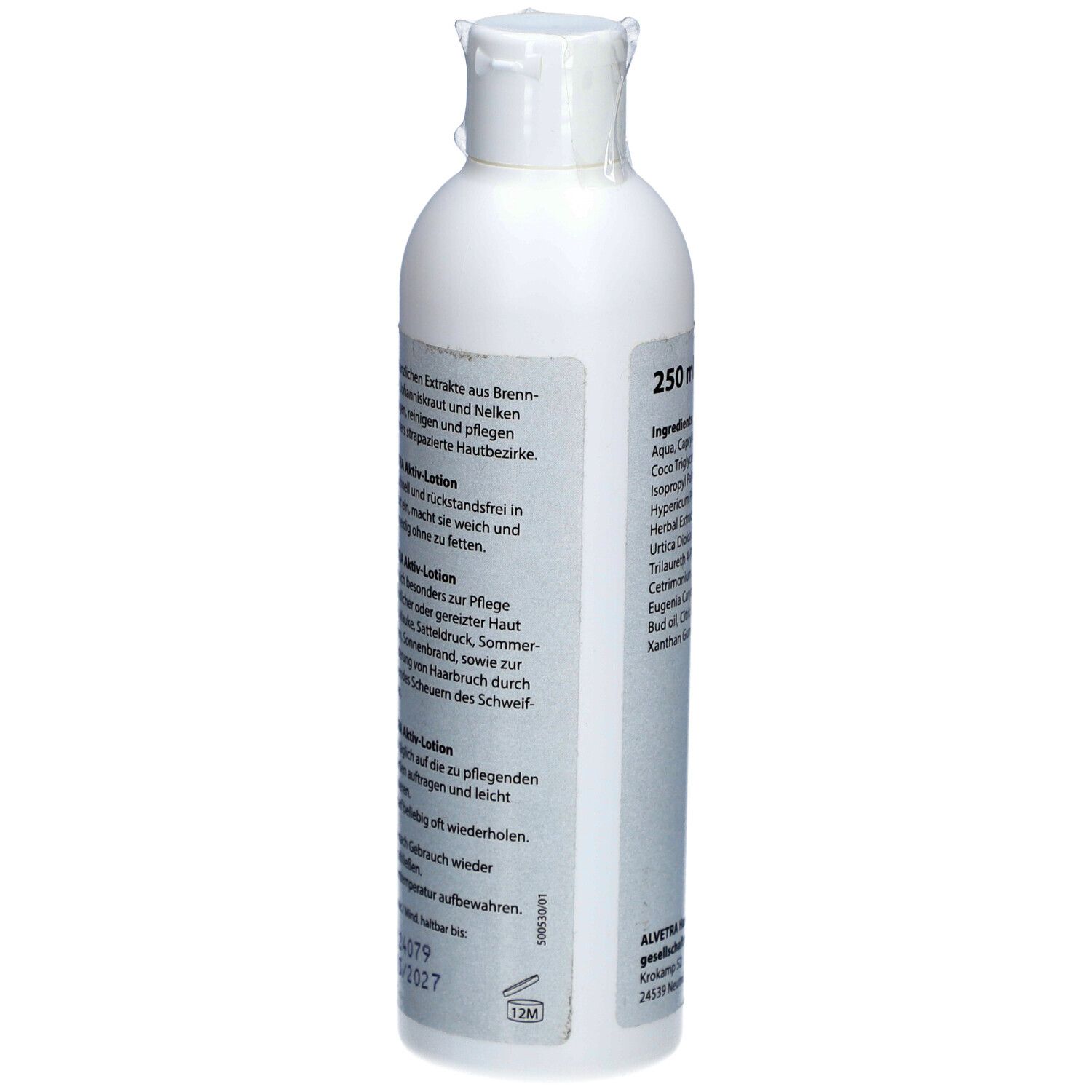 Weiße Flasche mit Text. Text: Beschreibung, Anwendungshinweise, Chargennummer, Mindesthaltbarkeitsdatum. Volumenangabe 250 ml.