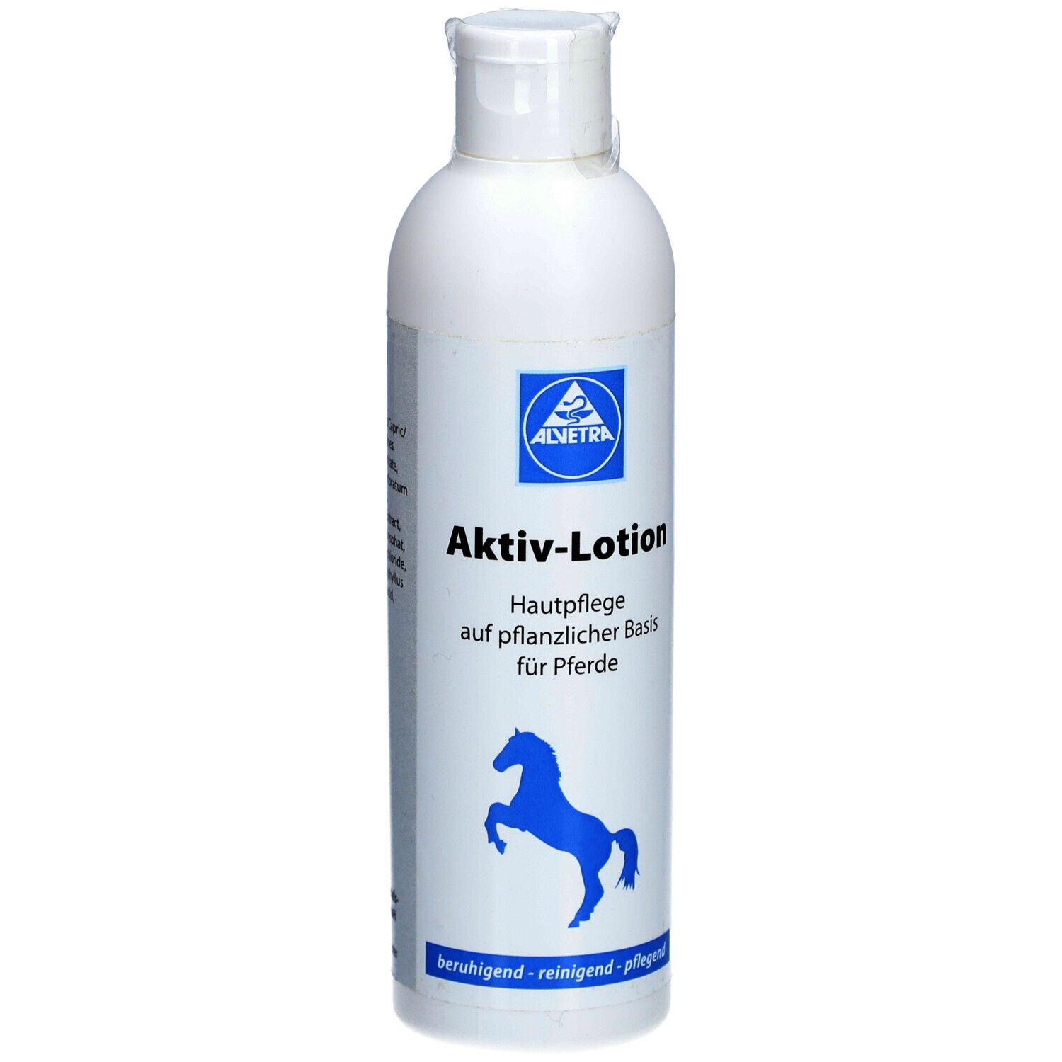 Weiße Flasche mit blauem Etikett. Aufschrift: Aktiv-Lotion, Logo, Pferde-Silhouette. Text: Hautpflege auf pflanzlicher Basis für Pferde.