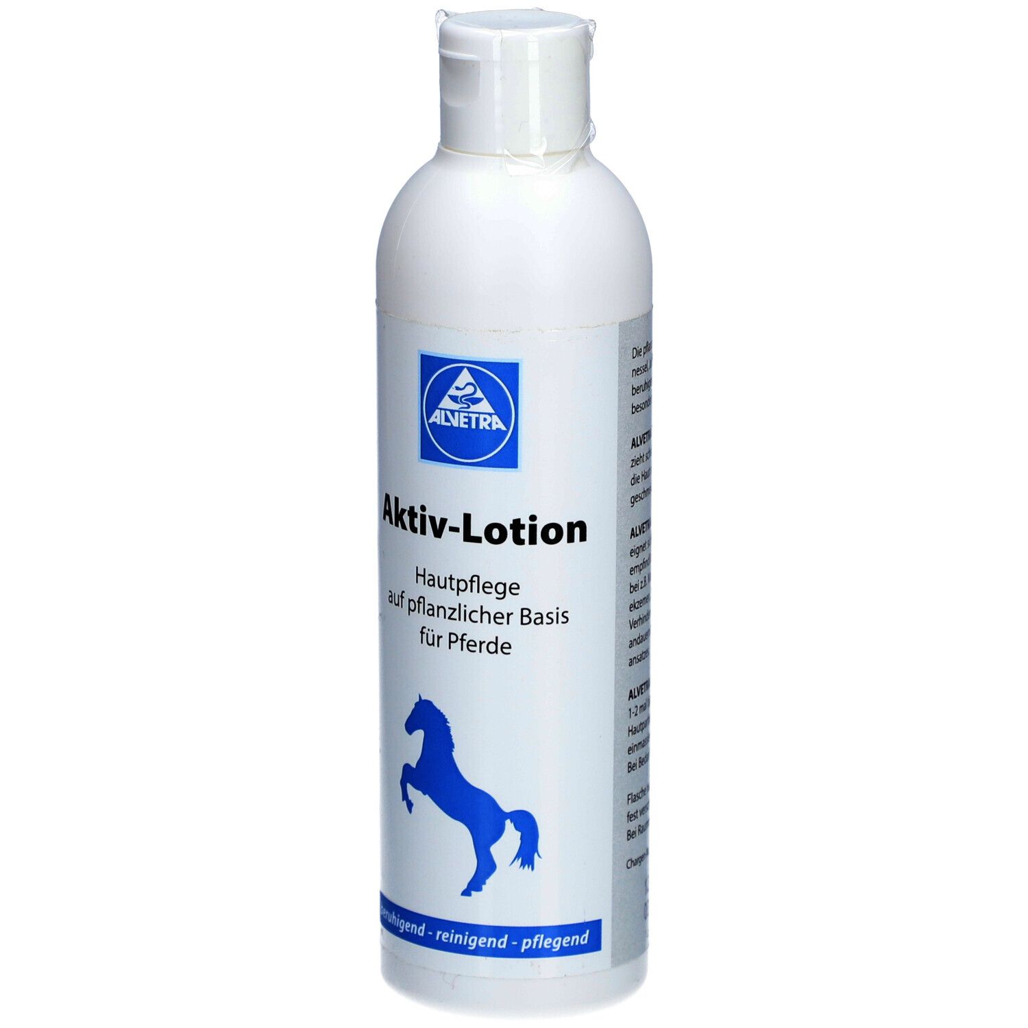 Weiße Flasche mit blauem Etikett. Aufschrift: Aktiv-Lotion, Logo, Pferde-Silhouette. Text: Hautpflege auf pflanzlicher Basis für Pferde.