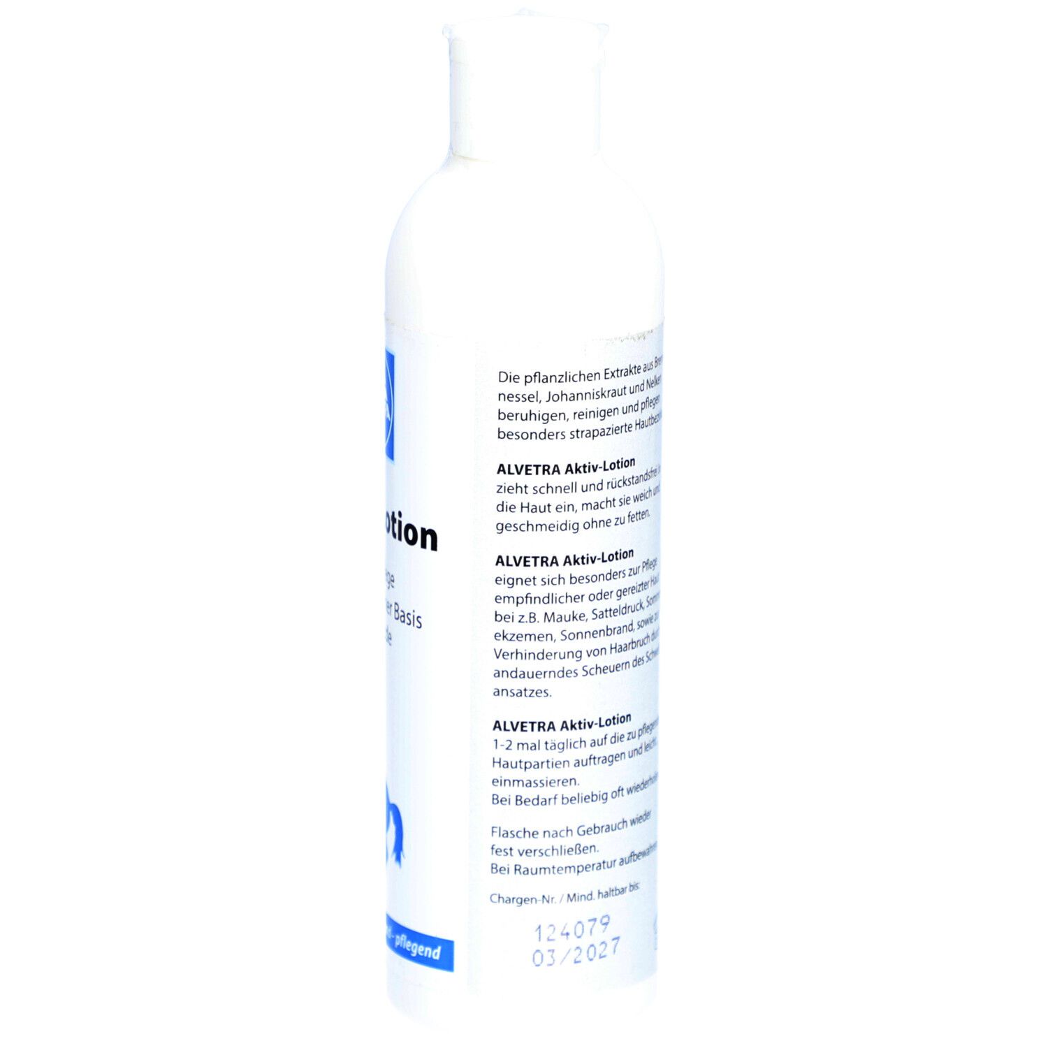 Weiße Flasche mit Text. Text: Beschreibung, Anwendungshinweise, Chargennummer, Mindesthaltbarkeitsdatum. Volumenangabe 250 ml.