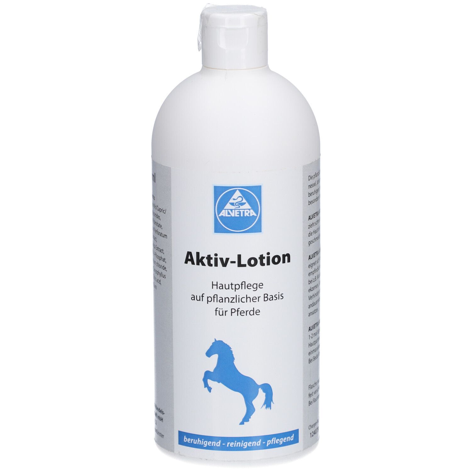 Weiße Flasche mit blauem Etikett. Aufschrift: Aktiv-Lotion, Hautpflege für Pferde. Logo: blaues Pferd.