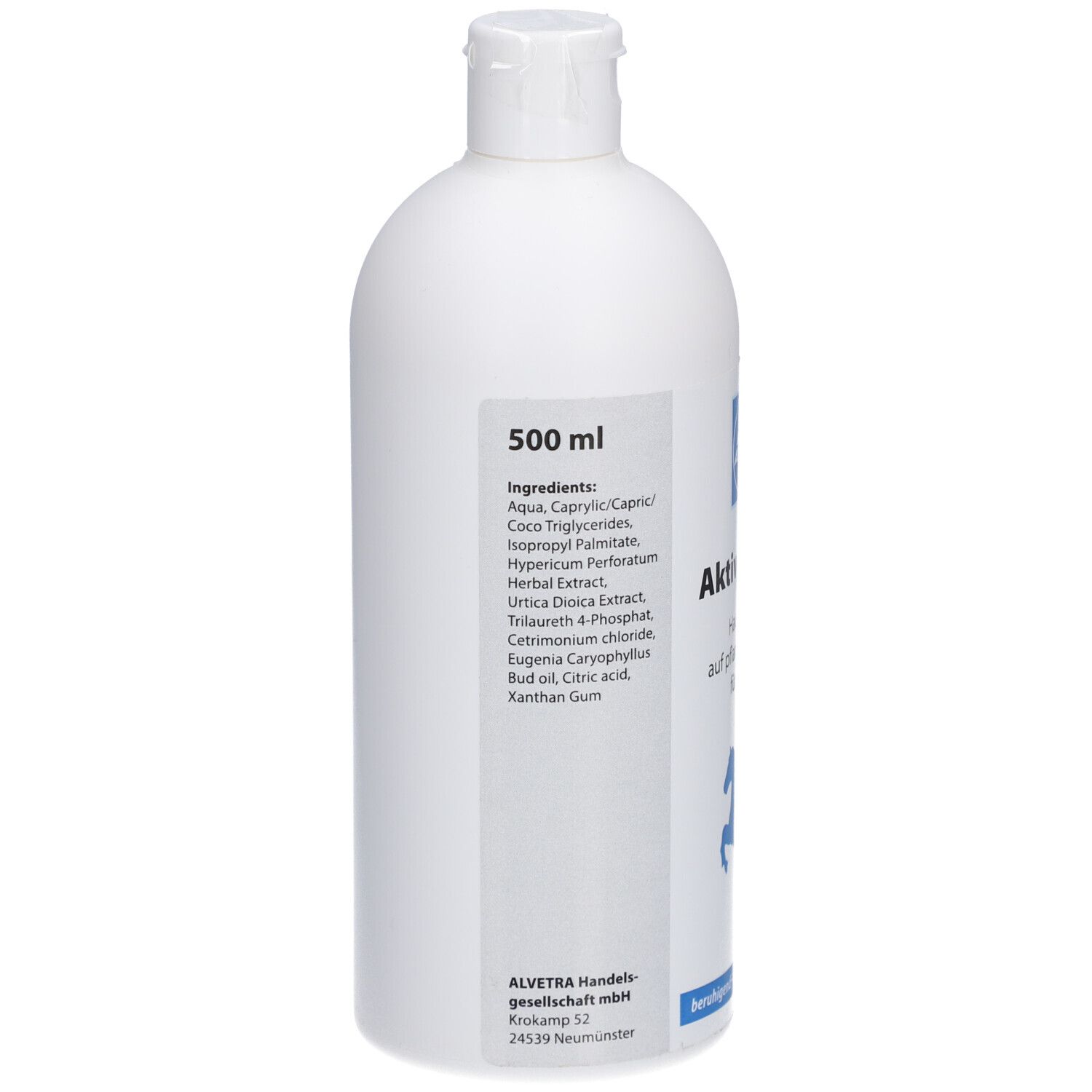 Rückseite der weißen Flasche. Aufschrift: Inhaltsstoffe, 500 ml. Auflistung der Inhaltsstoffe. Firmenlogo.