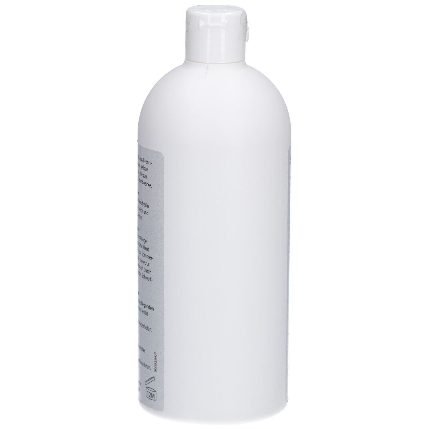 Weiße Flasche, Seitenansicht. Etikett mit Text. Flaschenverschluss oben.