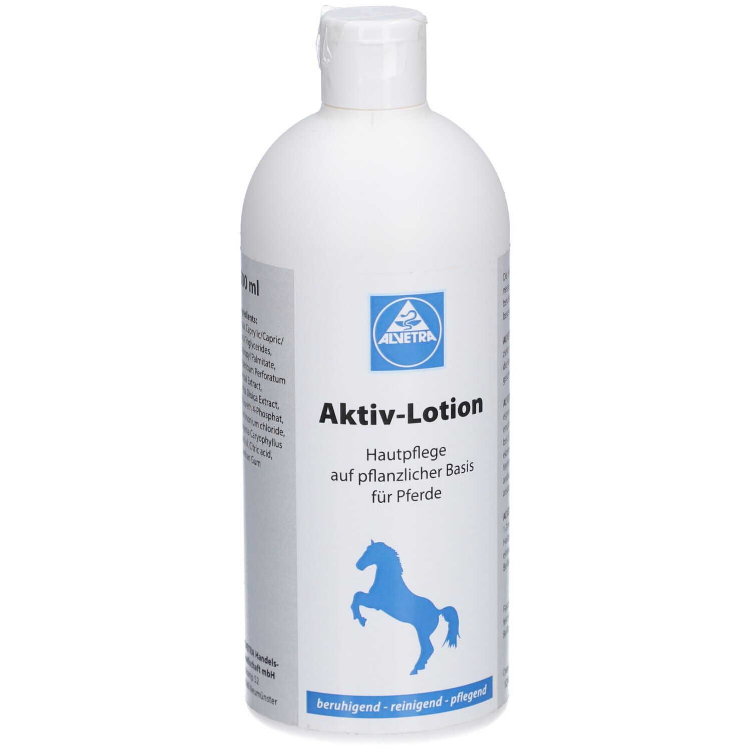 Weiße Flasche mit blauem Etikett. Aufschrift: Aktiv-Lotion, Hautpflege für Pferde. Logo: blaues Pferd.
