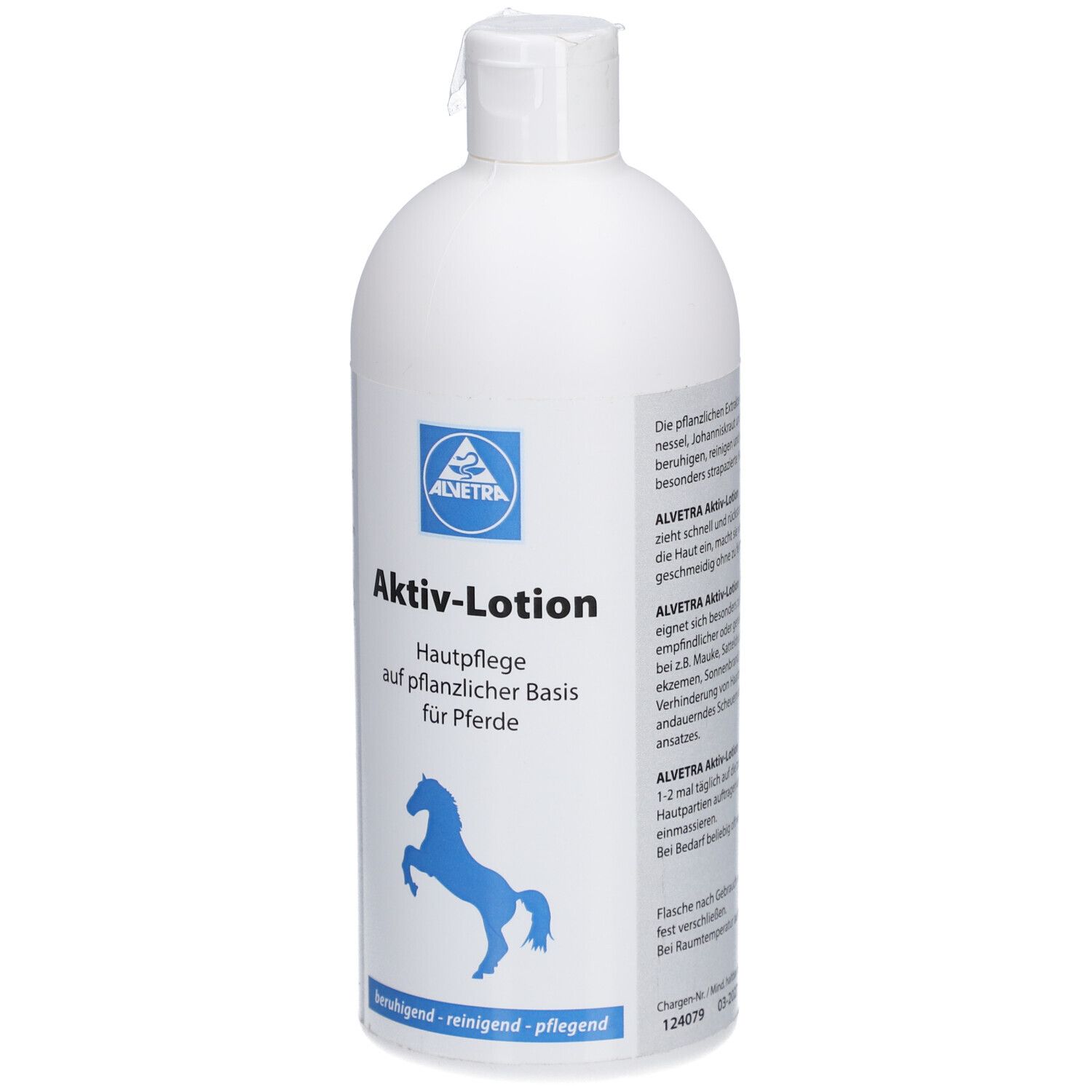 Weiße Flasche mit blauem Etikett. Aufschrift: Aktiv-Lotion, Hautpflege für Pferde. Logo: blaues Pferd. Text.