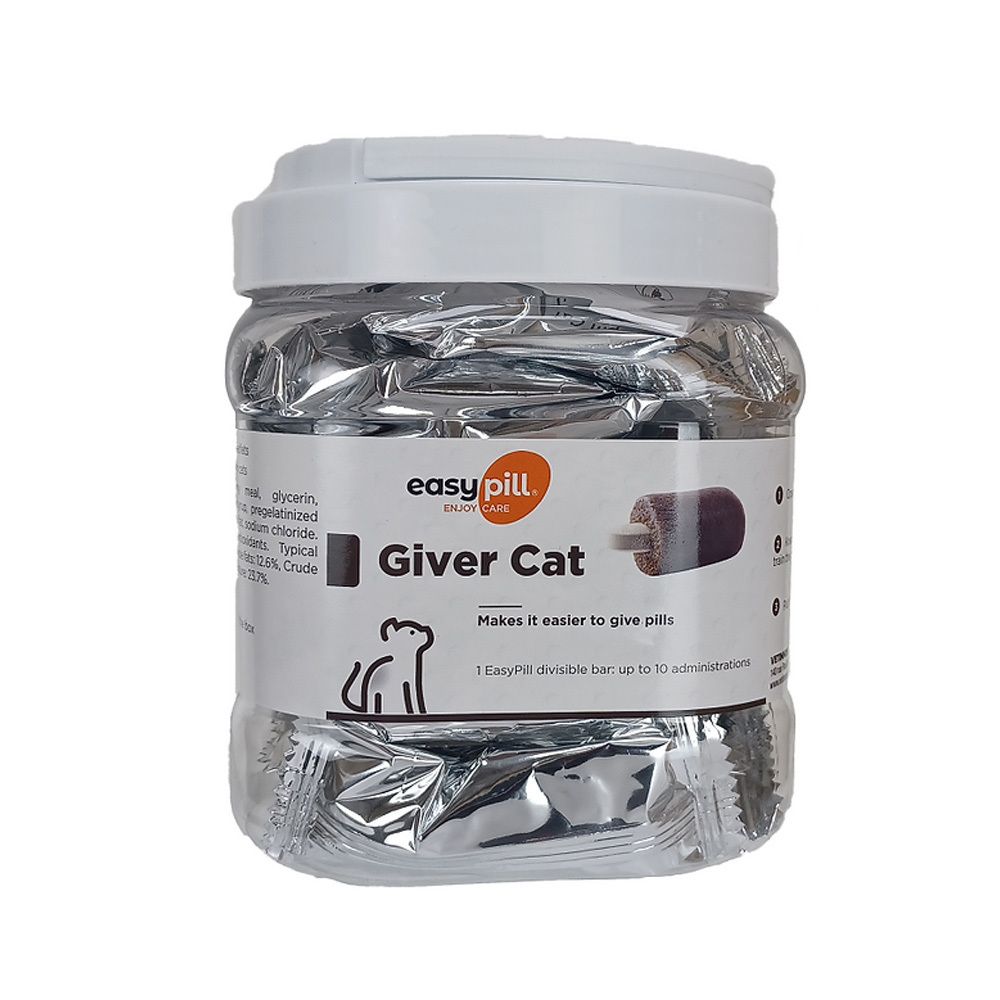 Boîte transparente avec couvercle blanc. Étiquette avec "Giver Cat" et image de chat. Comprimés emballés individuellement.
