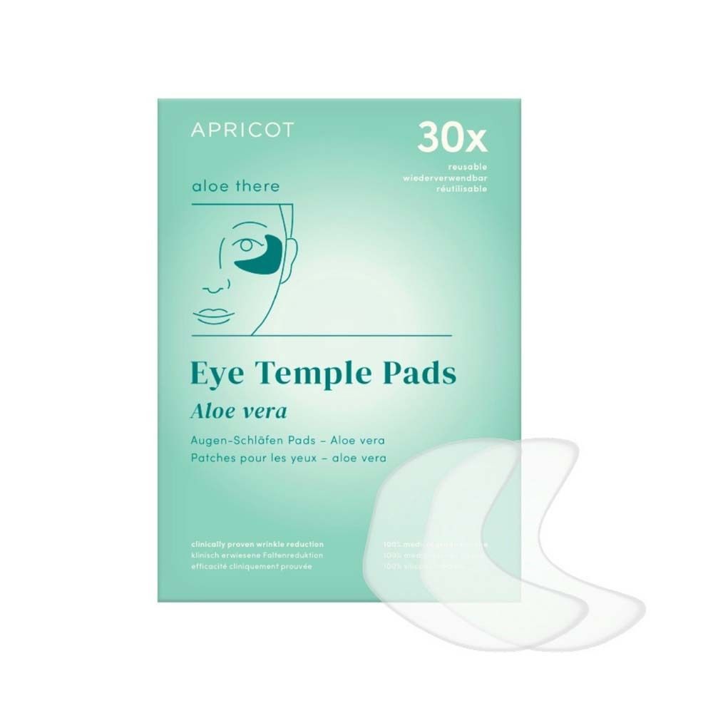 Emballage de APRICOT Eye Temple Pads. Contient 30 coussinets réutilisables. Aloe Vera. Texte : Patches pour les yeux.