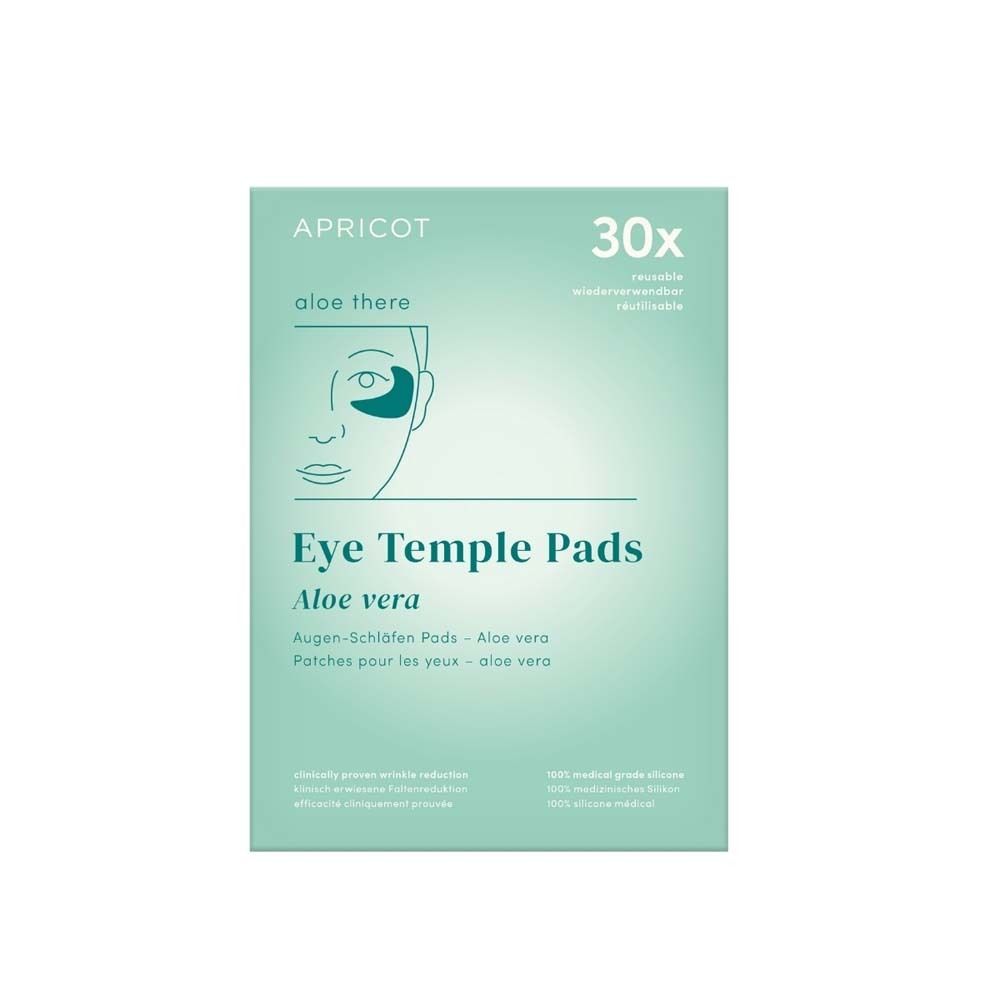 Emballage de APRICOT Eye Temple Pads. Contient 30 coussinets réutilisables. Aloe Vera. Texte : Patches pour les yeux.