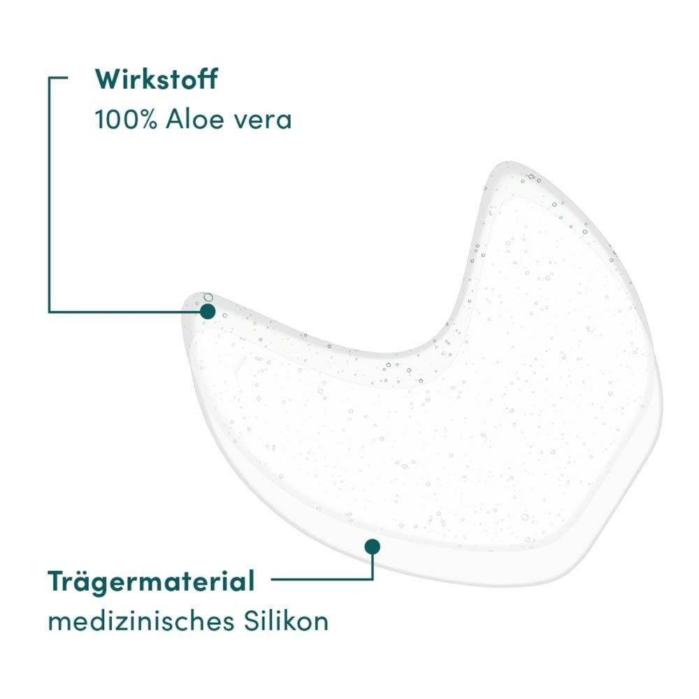 Graphique : coussinet Eye Temple avec étiquettes. Ingrédient actif : 100% Aloe Vera. Matériau de support : silicone médical.