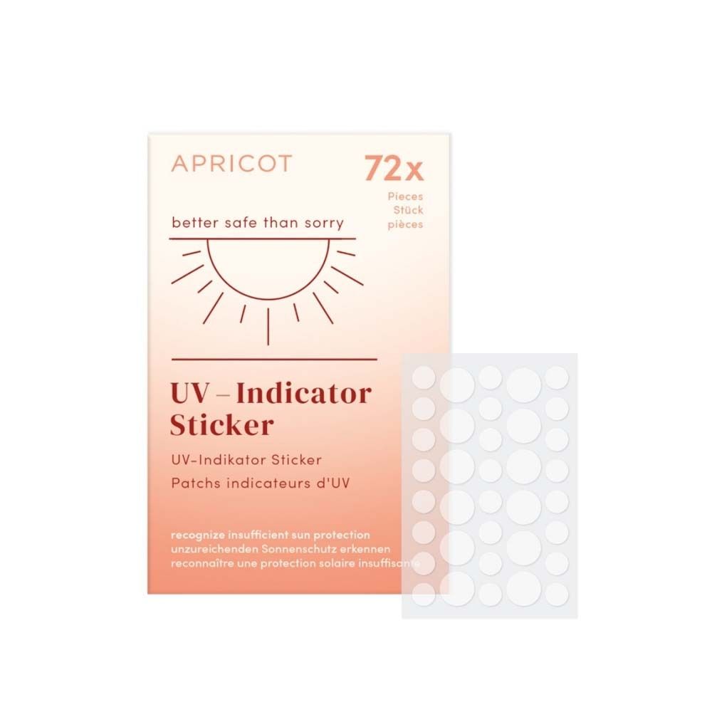 Paquet d'autocollants indicateurs UV. Marque APRICOT. Contient 72 pièces. Autocollants pour détecter une protection solaire insuffisante.