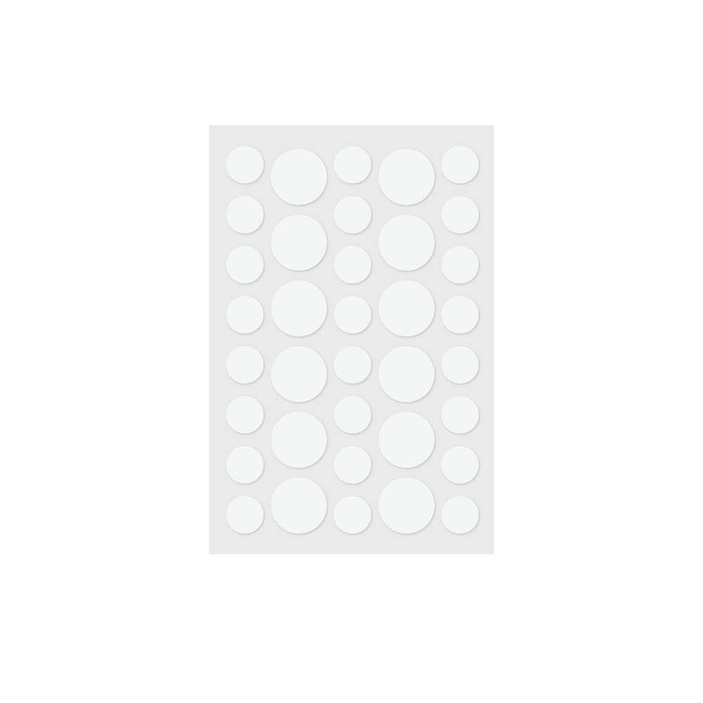 Feuille d'autocollants indicateurs UV ronds blancs. Plusieurs tailles. Autocollants pour détecter une protection solaire insuffisante.
