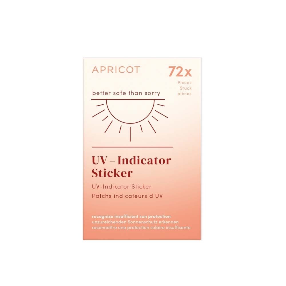 Paquet d'autocollants indicateurs UV. Marque APRICOT. Contient 72 pièces. Autocollants pour détecter une protection solaire insuffisante.