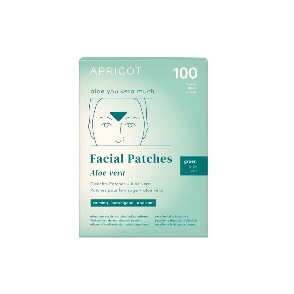 Verpackung mit 100 grünen Gesichtspatches. Marke APRICOT. Text: Facial Patches Aloe vera. Text: beruhigend.