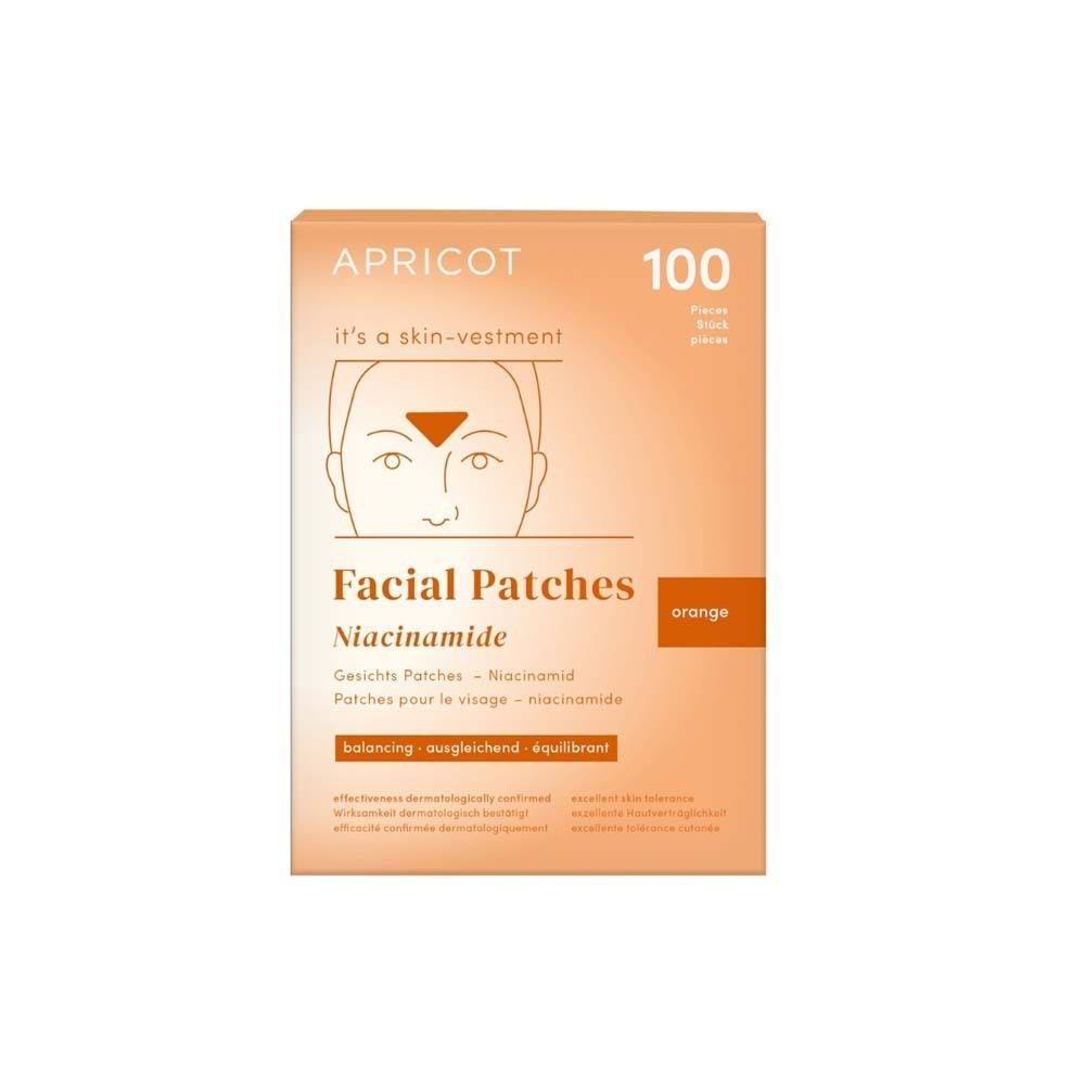 Verpackung mit Gesichtspatches. Marke APRICOT. Orangefarbene Patches mit Niacinamid. 100 Stück.