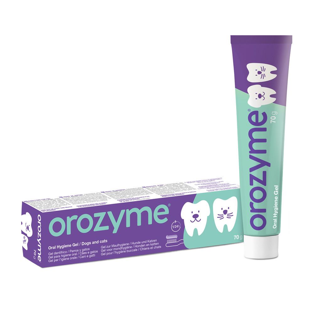 Tube et boîte de gel dentaire Orozyme pour chiens et chats, 70g.