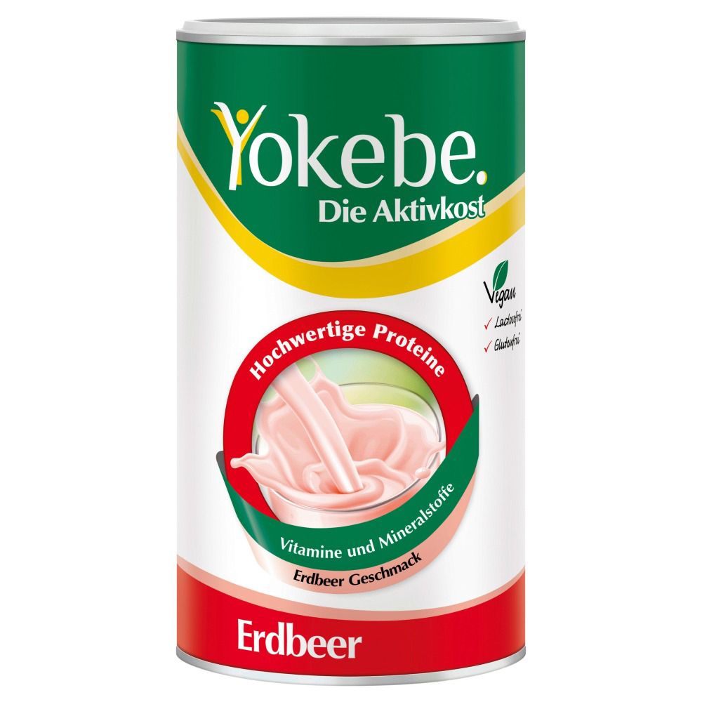 Boîte Yokebe Erdbeer. Boîte verte, blanche et rouge avec image du produit et texte : Protéines de haute qualité, vitamines et minéraux, goût fraise.