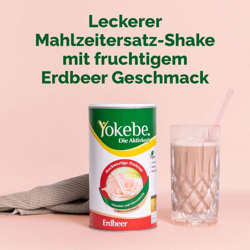 Boîte Yokebe Erdbeer et verre de shake. Boîte et verre avec shake à la fraise. Texte : Délicieux shake substitut de repas au goût fruité de fraise.