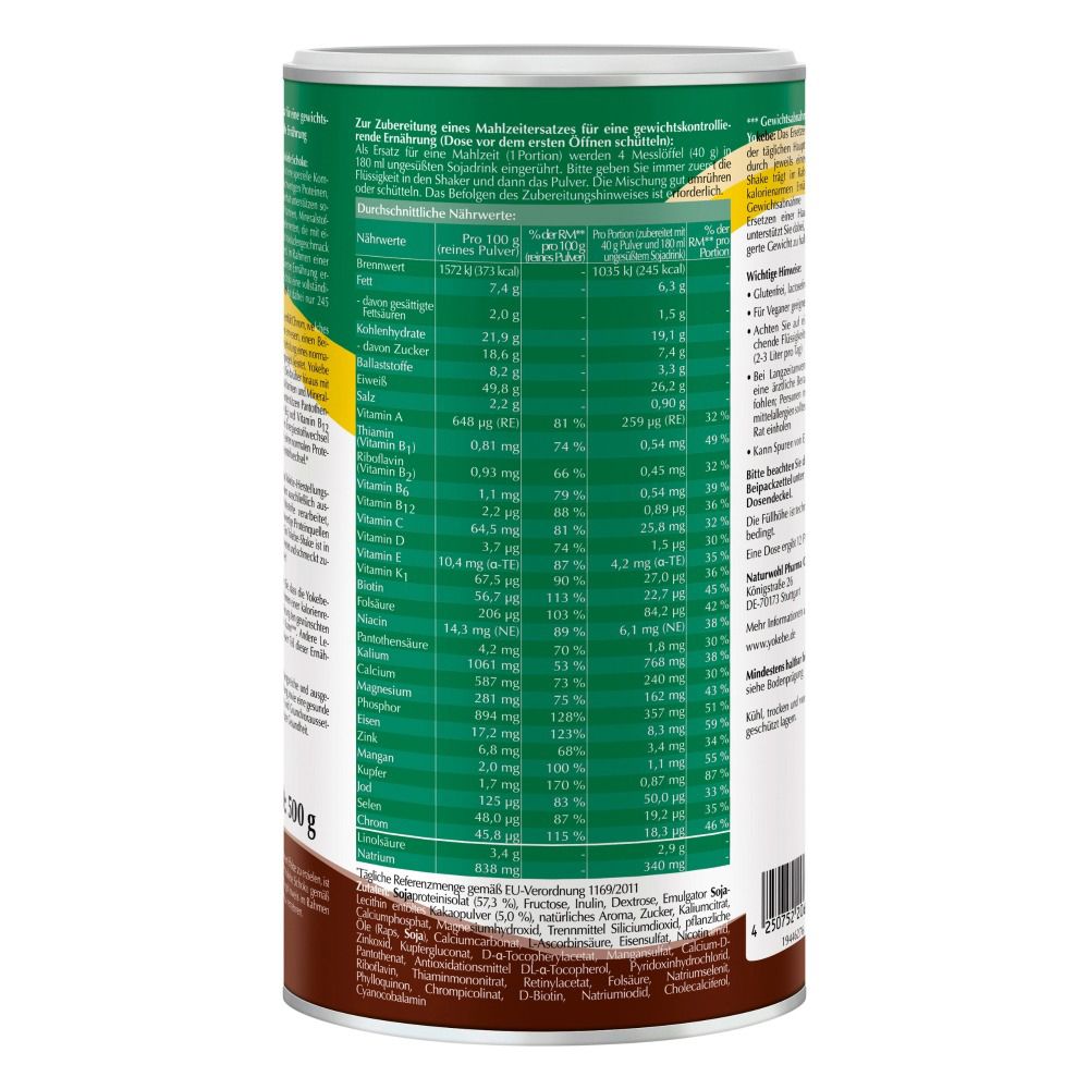 Dos de la boîte Yokebe. Tableau nutritionnel et autres informations. Texte en allemand.