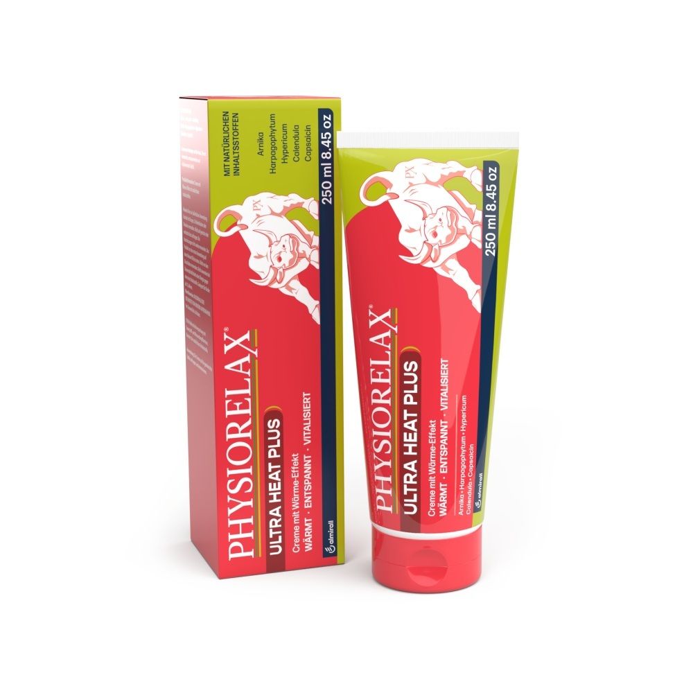 Tube et boîte de crème Physiorelax Ultra Heat Plus.