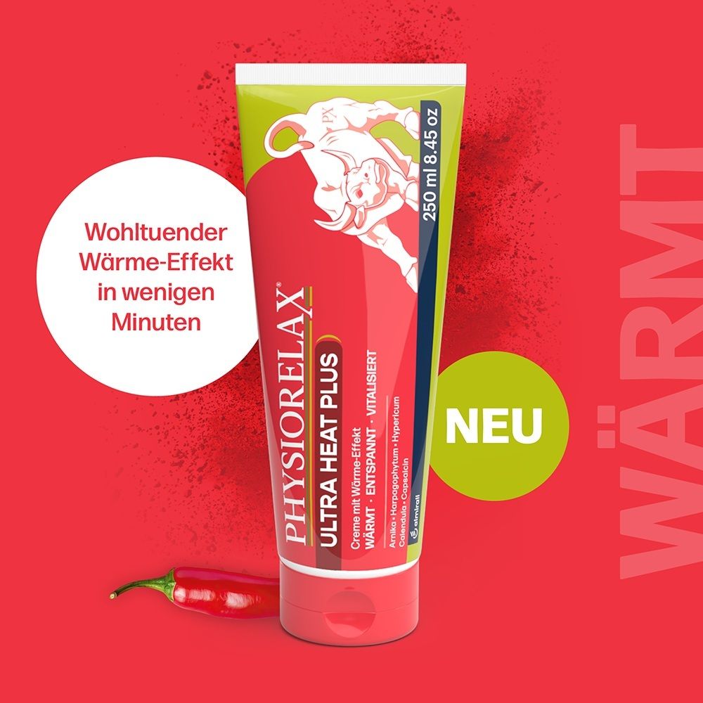 Tube de crème Physiorelax Ultra Heat Plus sur fond rouge avec piment.