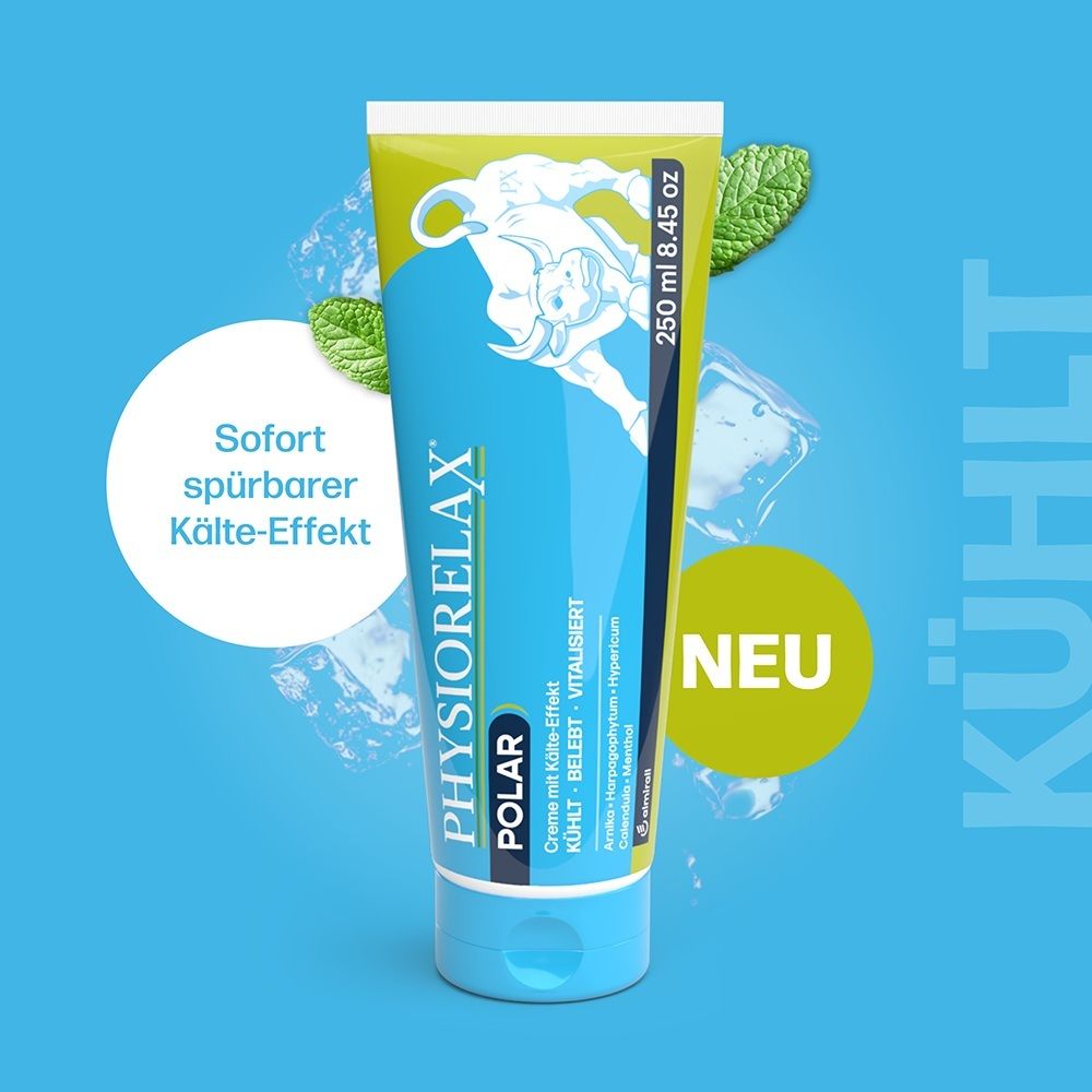 Tube de Physiorelax Polar Crème avec symboles effet froid, menthe et glaçons.