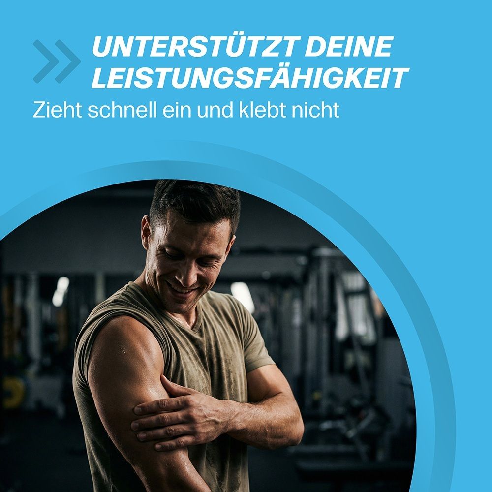 Homme dans une salle de sport touchant son bras. Texte : Soutient vos performances.