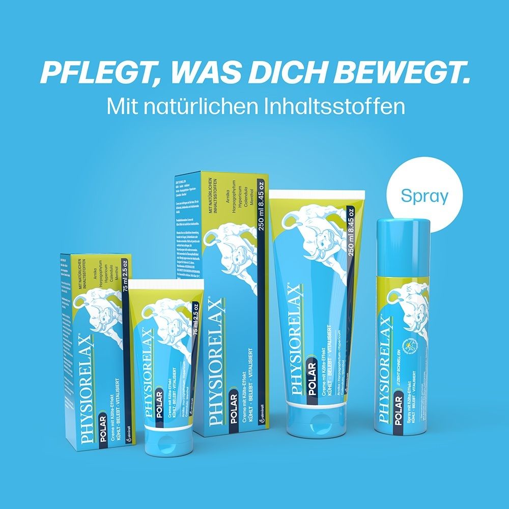 Plusieurs tubes et boîtes de Physiorelax Polar Crème, y compris un spray.