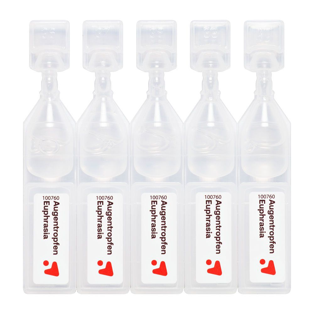 Cinq doses uniques de gouttes ophtalmiques Euphrasia. Récipients clairs en forme de goutte.