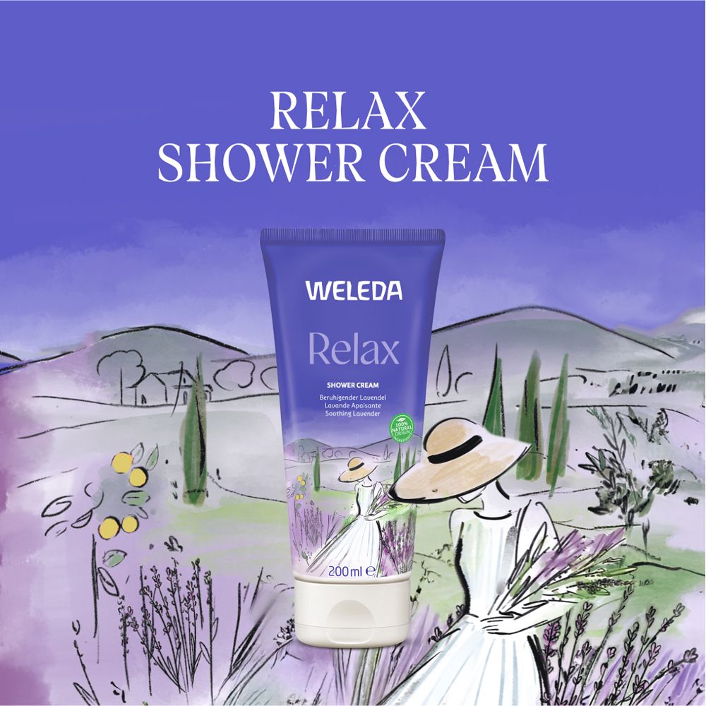 Image publicitaire: Tube "Weleda Relax Shower Cream" devant paysage. Texte: RELAX SHOWER CREAM. Illustration femme.