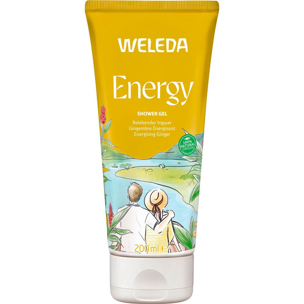Gelbe Tube mit "WELEDA Energy"-Schriftzug. Illustration von Paar am Flussufer. 200 ml. "100% Natural"-Siegel.