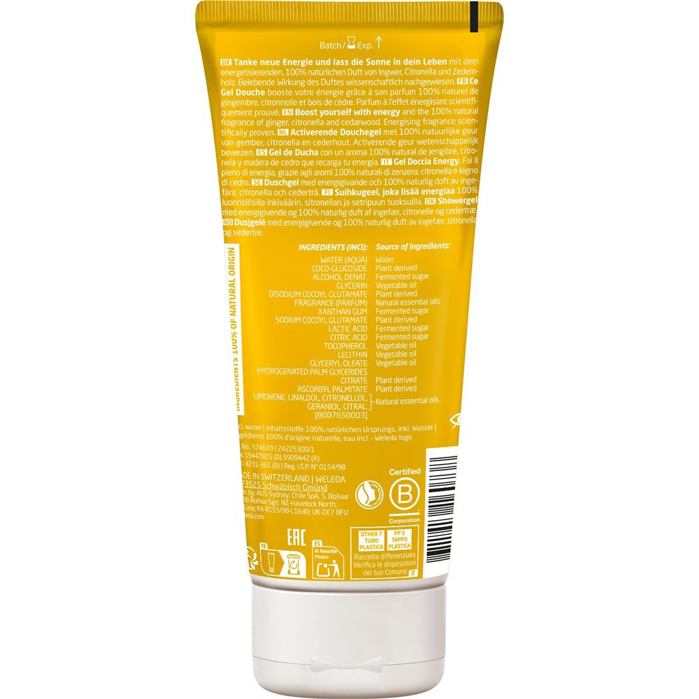 Rückseite der gelben Tube. Text in mehreren Sprachen. Zutatenliste. B Corp-Zertifizierung. Recycling-Symbole.