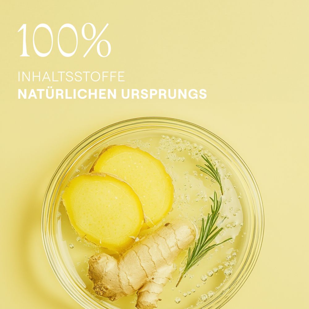 Ingwer, Rosmarin in Glasschale. Text: 100% Inhaltsstoffe natürlichen Ursprungs.