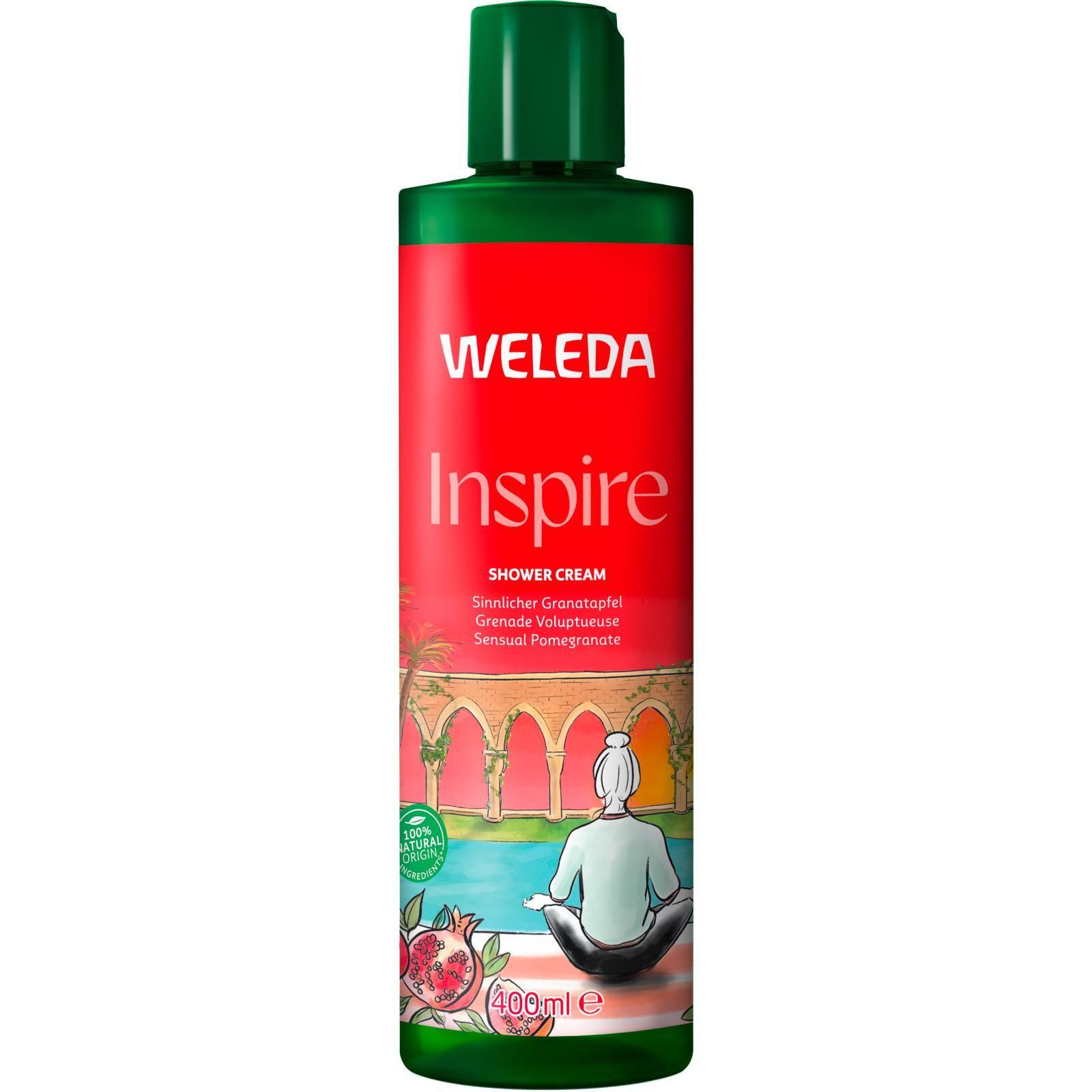 Flacon vert avec étiquette rouge. Inscription: WELEDA Inspire Crème de douche. Illustration: Personne en lotus, grenades.