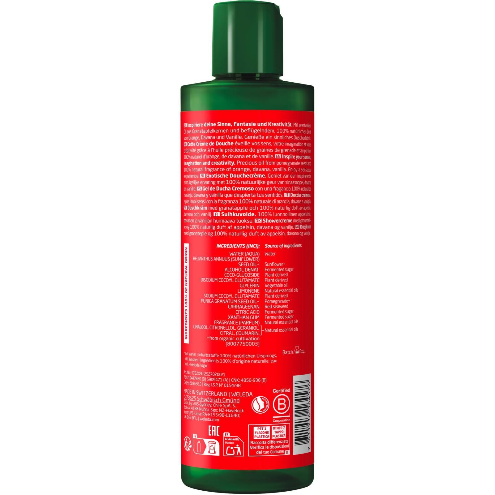 Dos du flacon vert. Étiquette rouge avec texte et ingrédients. Certifications et logos.