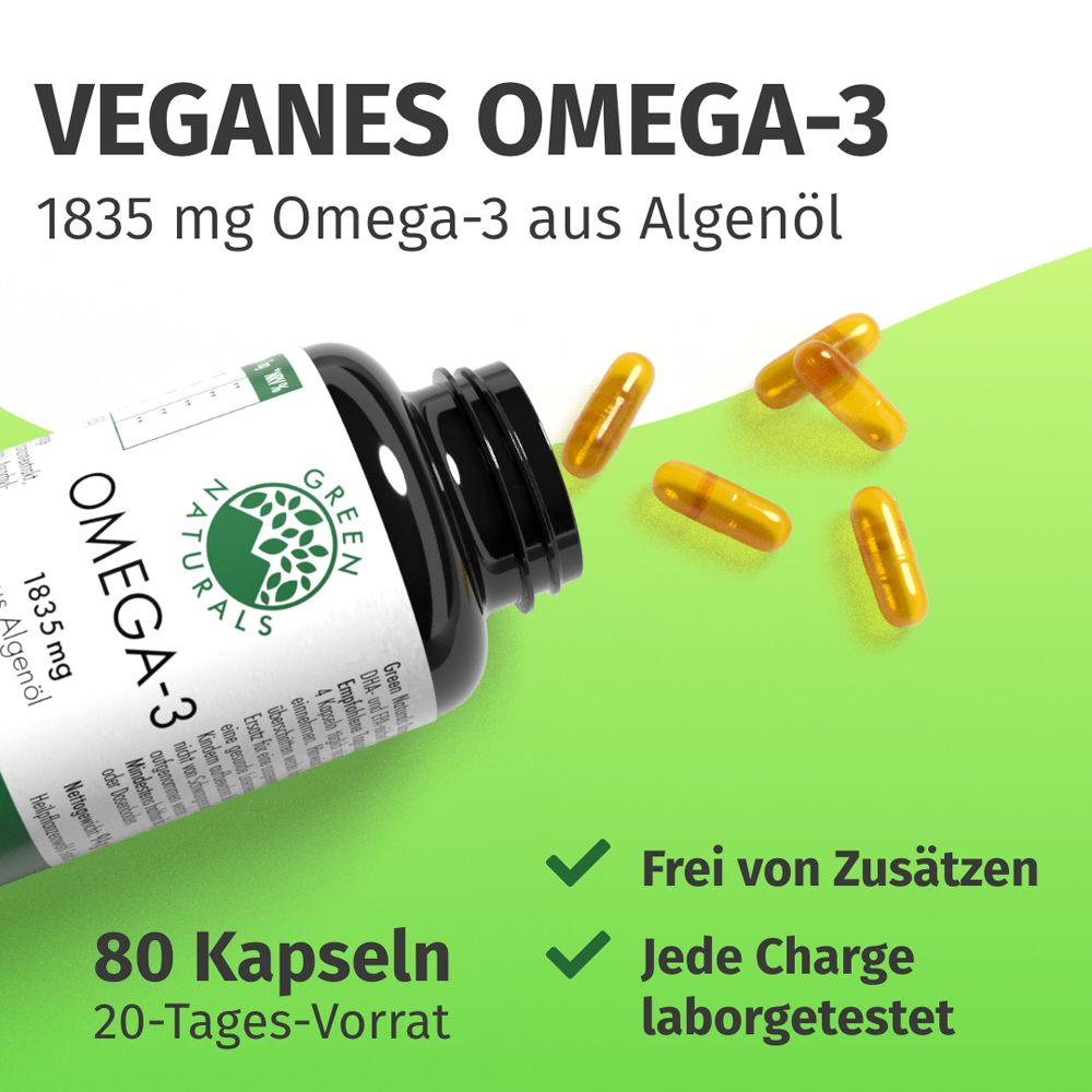Vegane Omega-3 Kapseln von Green Naturals: Offene Dose mit 1835mg Algenöl, Kapseln und Text.