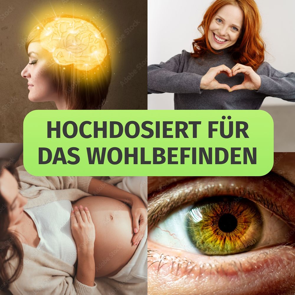 Collage: Gehirn, Herzform, schwangere Frau, Auge. Text: Hochdosiert für das Wohlbefinden.