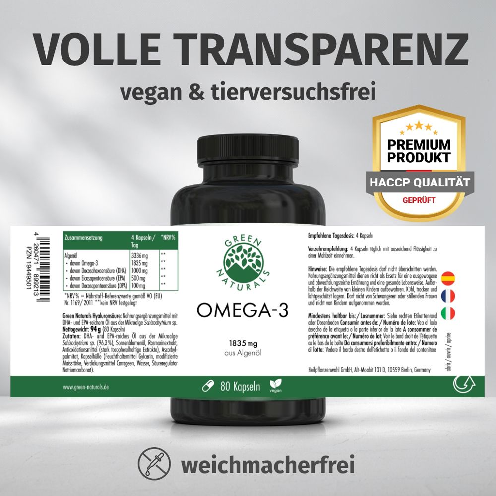 Rückseite Dose Omega-3: Nährwertangaben, Inhaltsstoffe, Anwendungshinweise, 80 Kapseln.