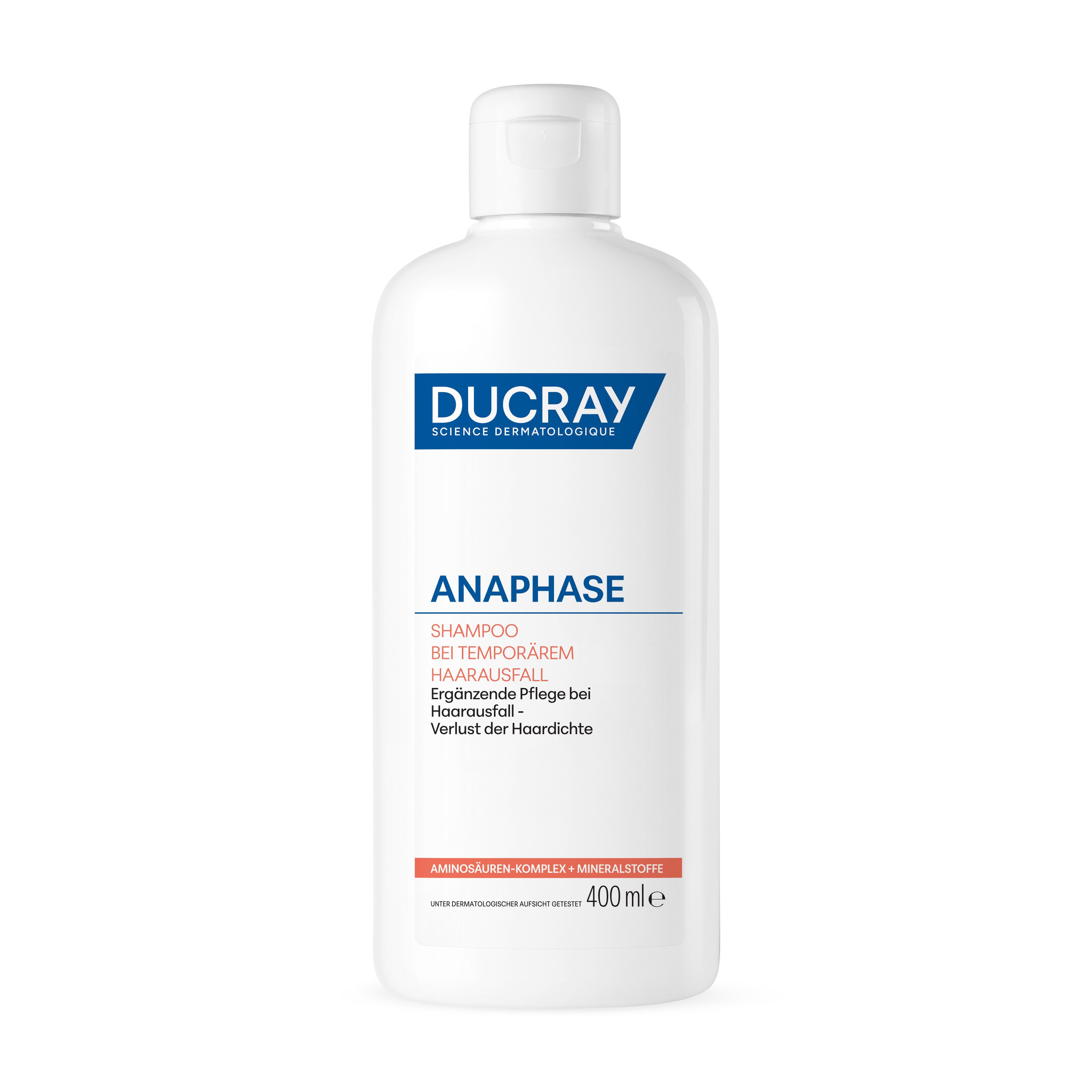 Flacon blanc avec étiquette bleue. Inscription: DUCRAY, ANAPHASE, Shampooing pour chute de cheveux temporaire. 400ml.