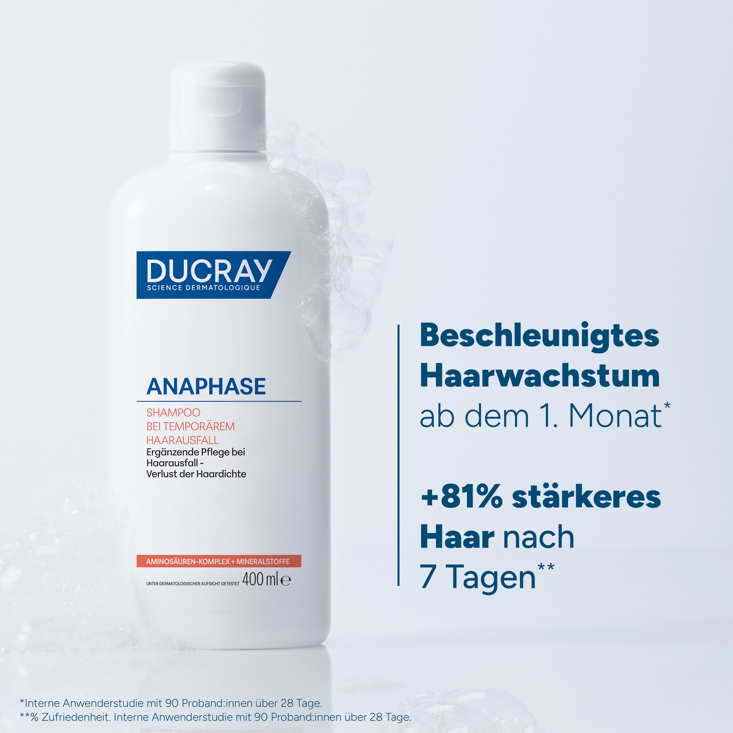 Flacon de shampooing, texte: Croissance accélérée des cheveux dès le 1er mois, +81% de cheveux plus forts après 7 jours.