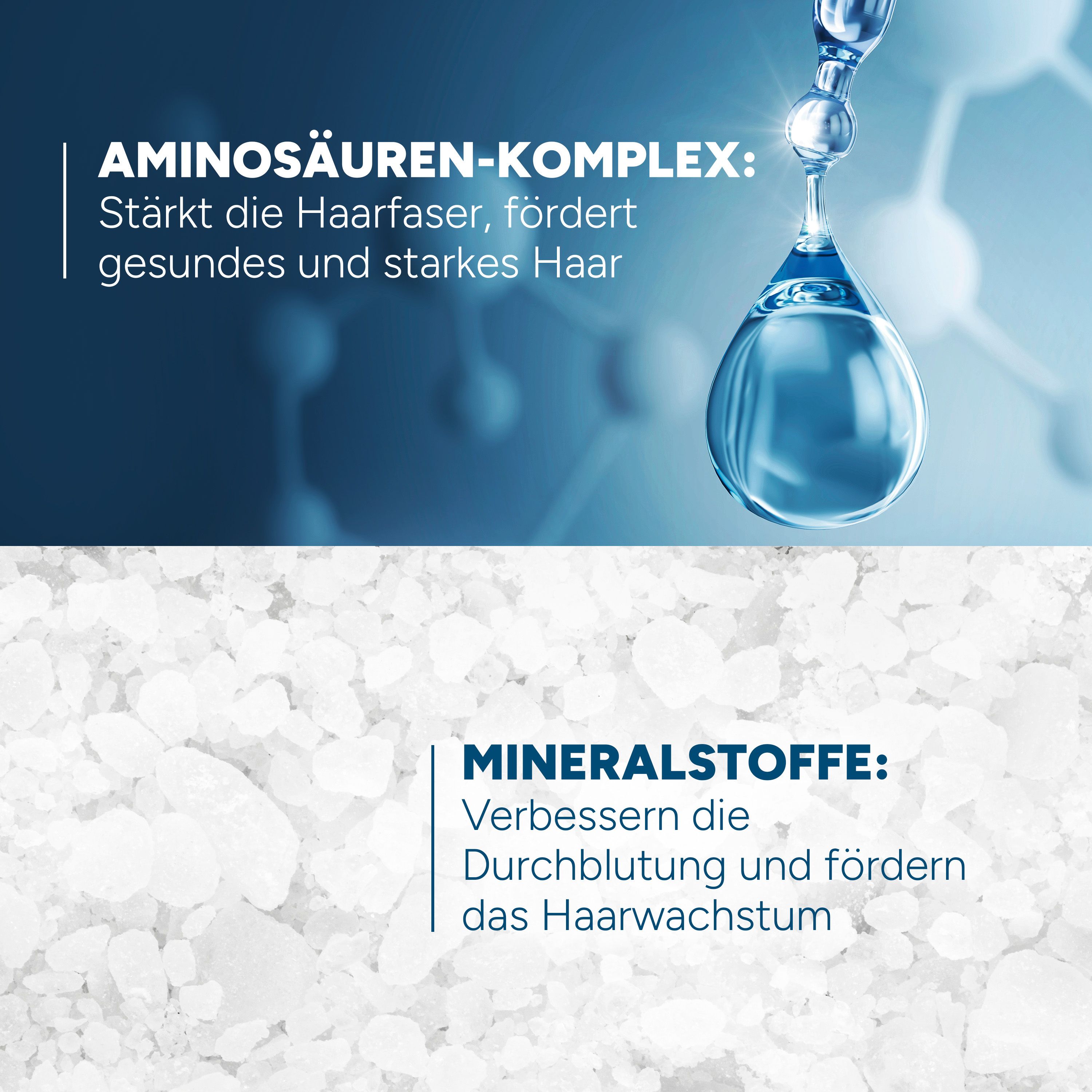 Graphique bleu avec gouttes et cristaux. Texte: Complexe d'acides aminés, Minéraux.