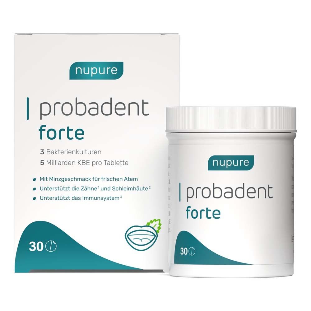 Weiße Dose mit nupure probadent forte. Zwei Tabletten liegen daneben.
