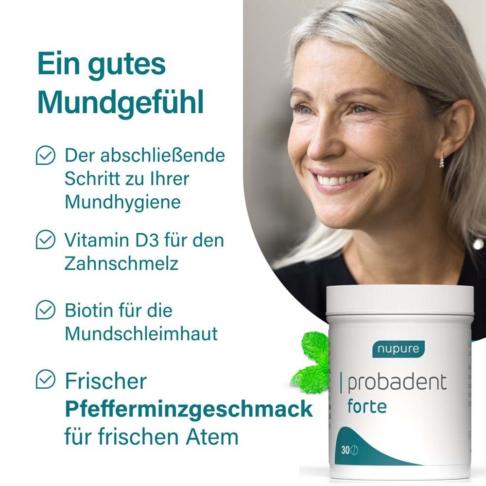 Frau lächelt. Dose nupure probadent forte. Text: Gutes Mundgefühl.